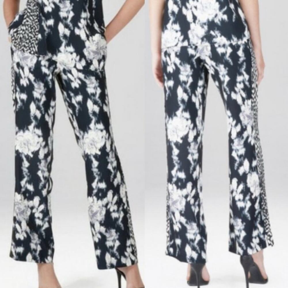 Natori Tie-Dye Floral Fluid Crepe Pull On Pants Black/White/Grey Sz XL Cocktail